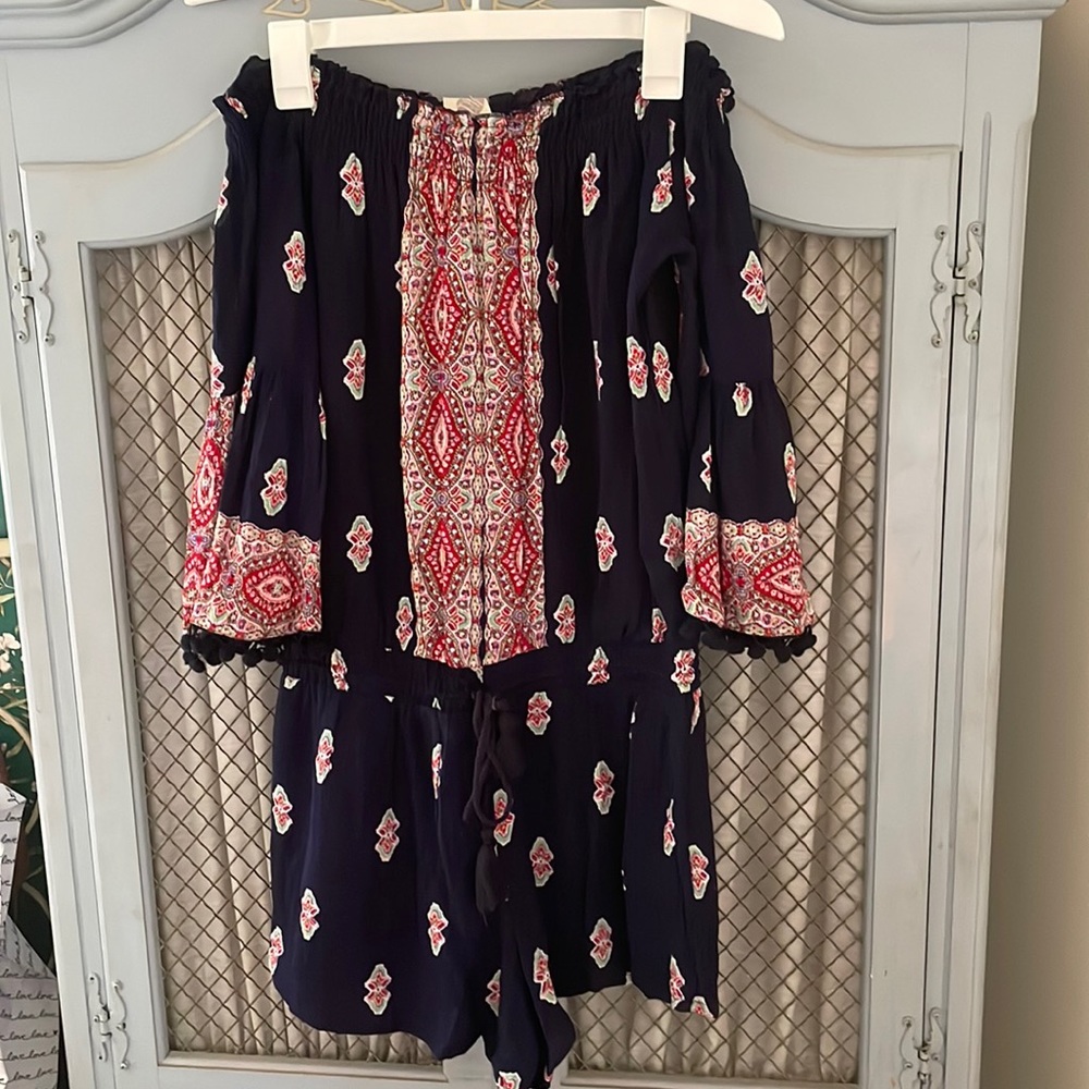 Anthropologie off the shoulder romper with drawstring